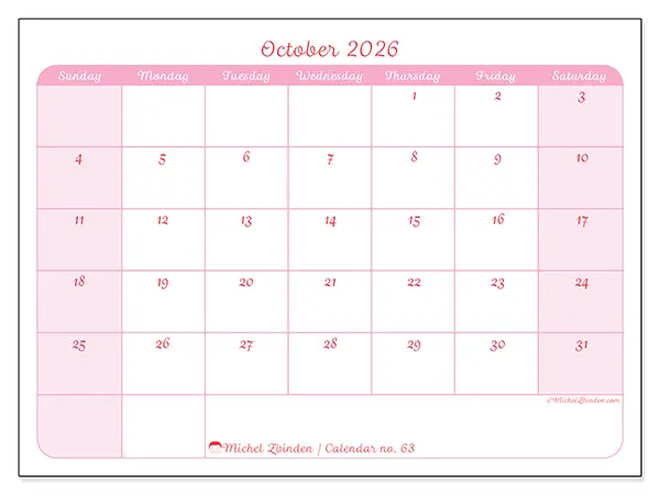 Printable October 2026 calendar - Gentle organization - Week from Sunday to Saturday