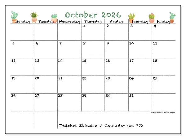 Printable October 2026 calendar - Decorative cactus
