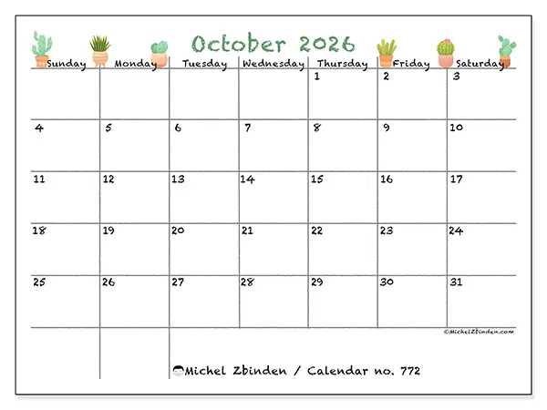 Printable October 2026 calendar - Decorative cactus - Week from Sunday to Saturday