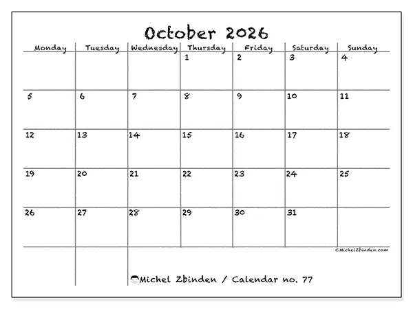 Printable October 2026 calendar - School and family
