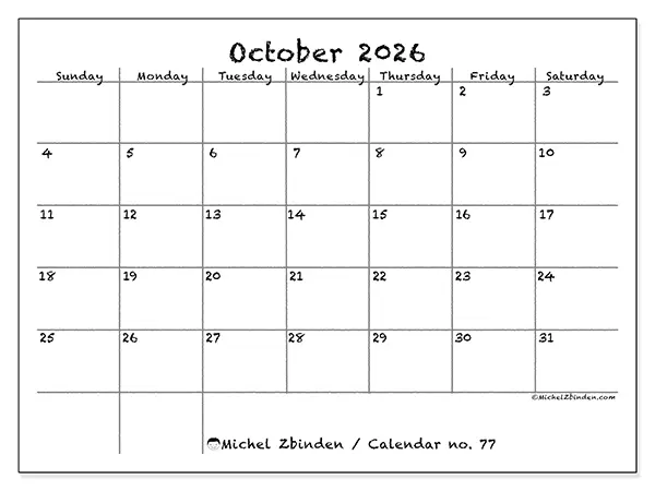 Printable October 2026 calendar - School and family - Week from Sunday to Saturday
