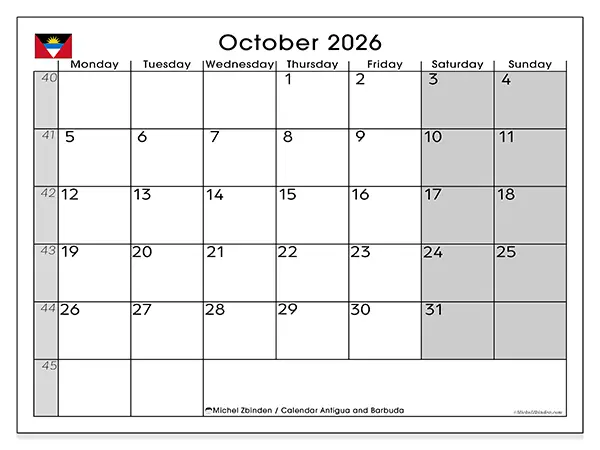 Printable October 2026 calendar - Antigua and Barbuda