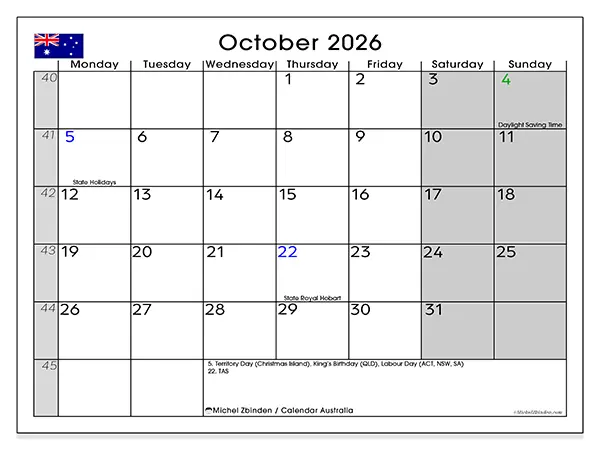 Printable October 2026 calendar - Australia