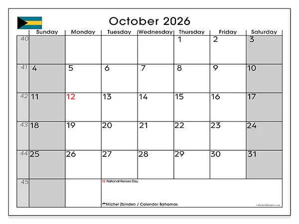 Printable October 2026 calendar - Bahamas
