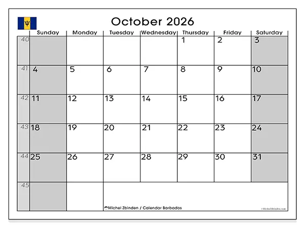 Printable October 2026 calendar - Barbados