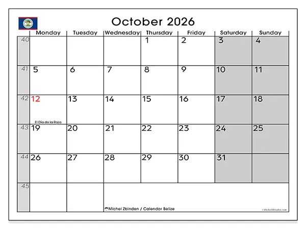 Printable October 2026 calendar - Belize