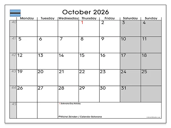 Printable October 2026 calendar - Botswana