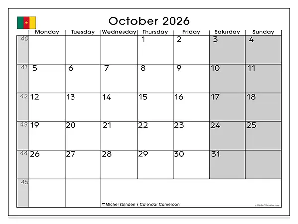 Printable October 2026 calendar - Cameroon
