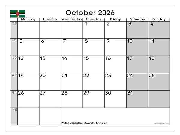 Printable October 2026 calendar - Dominica