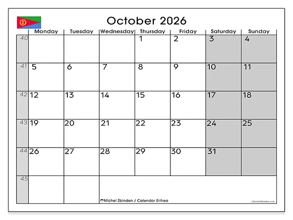 Printable October 2026 calendar - Eritrea