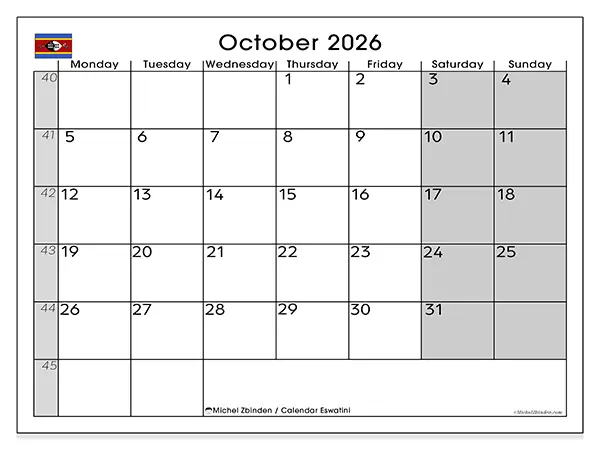 Printable October 2026 calendar - Eswatini