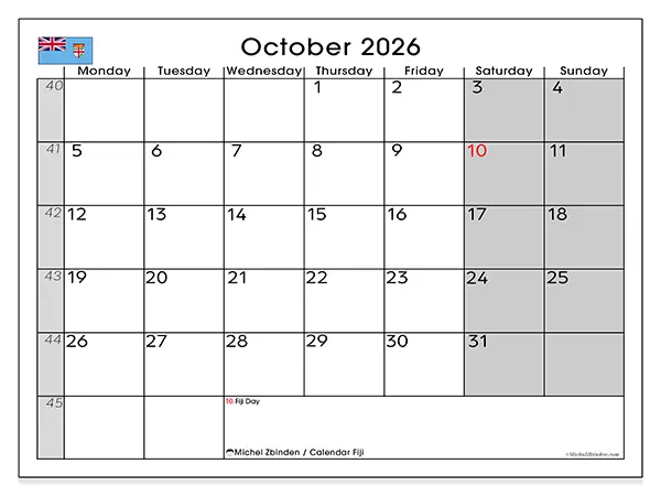 Printable October 2026 calendar - Fiji