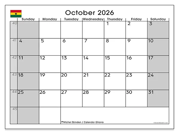 Printable October 2026 calendar - Ghana