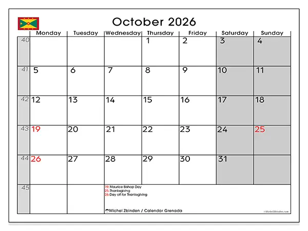 Printable October 2026 calendar - Grenada
