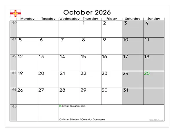 Printable October 2026 calendar - Guernsey