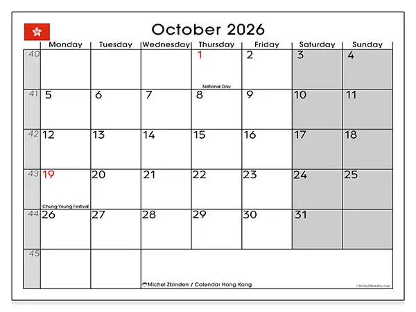 Printable October 2026 calendar - Hong Kong