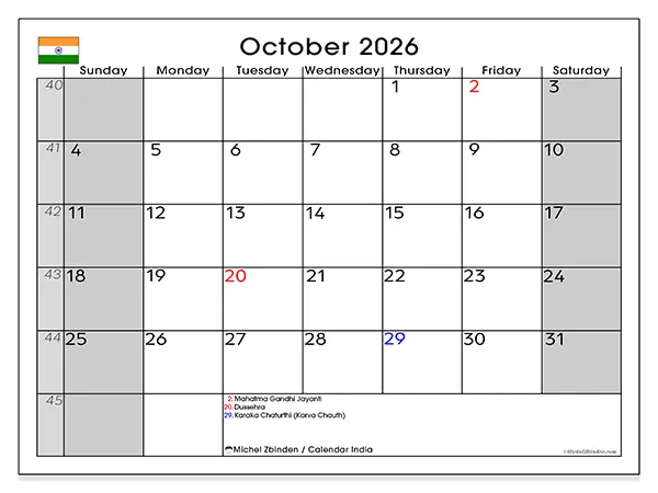Printable October 2026 calendar - India