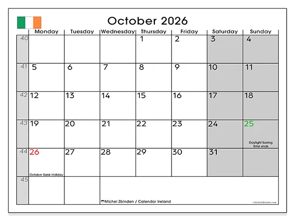 Printable October 2026 calendar - Ireland