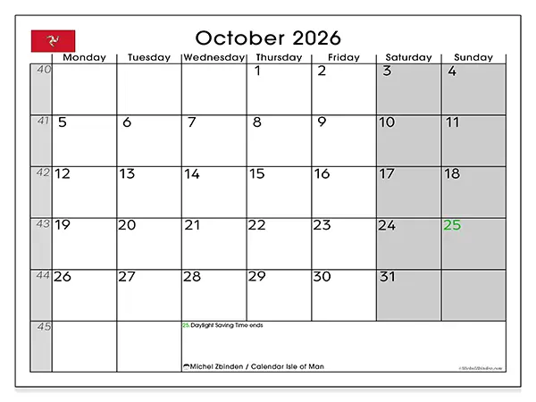 Printable October 2026 calendar - Isle of Man