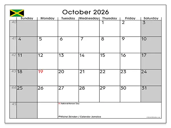 Printable October 2026 calendar - Jamaica