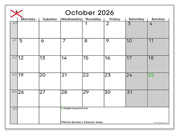 Printable October 2026 calendar - Jersey