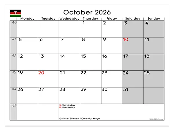 Printable October 2026 calendar - Kenya