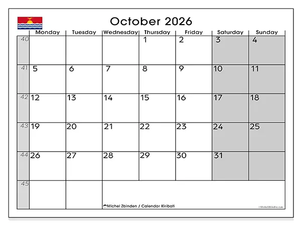 Printable October 2026 calendar - Kiribati