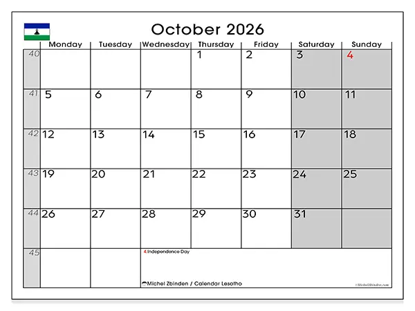 Printable October 2026 calendar - Lesotho