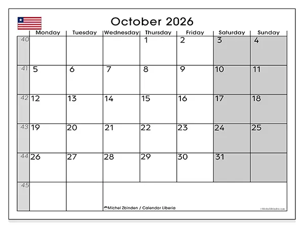 Printable October 2026 calendar - Liberia