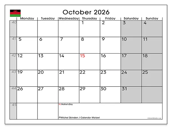 Printable October 2026 calendar - Malawi