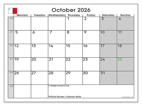 Printable October 2026 calendar - Malta