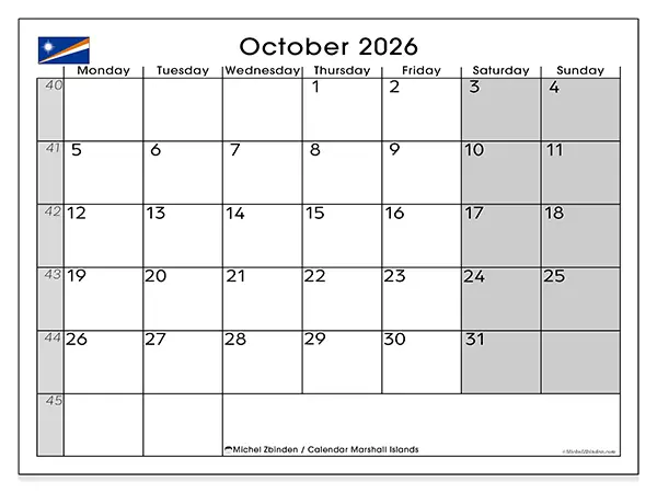 Printable October 2026 calendar - Marshall Islands