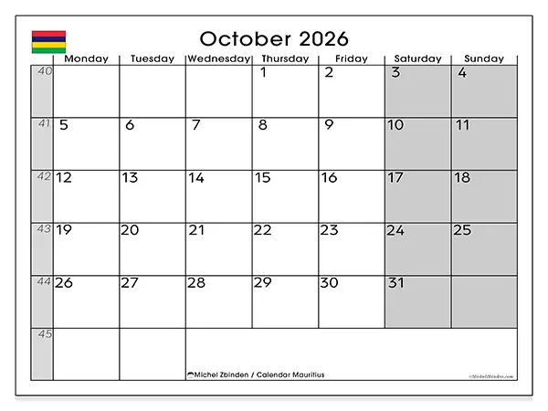 Printable October 2026 calendar - Mauritius