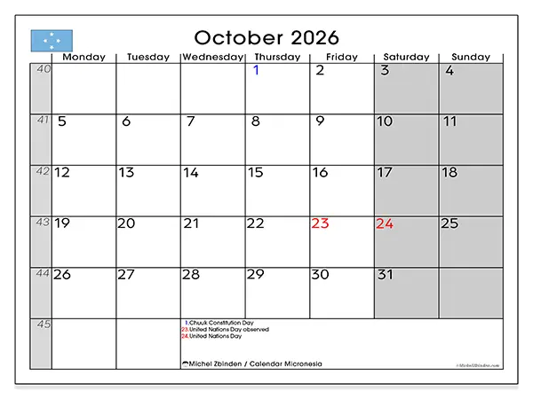 Printable October 2026 calendar - Micronesia