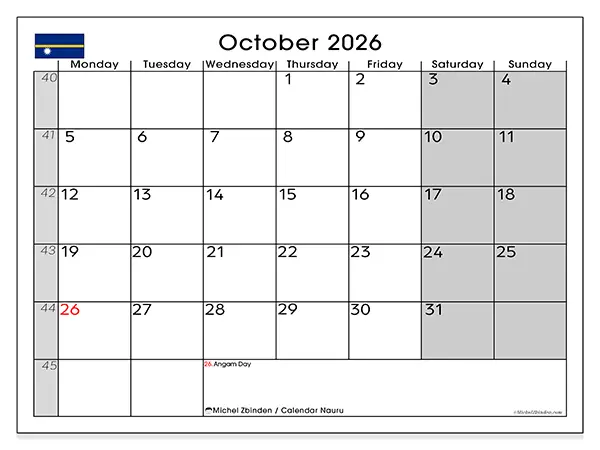 Printable October 2026 calendar - Nauru