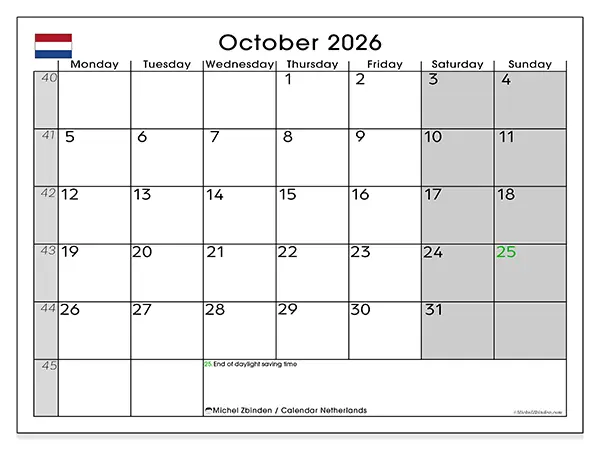 Printable October 2026 calendar - Netherlands