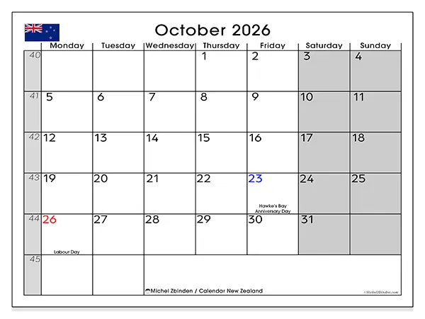 Printable October 2026 calendar - New Zealand