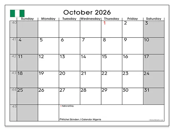 Printable October 2026 calendar - Nigeria