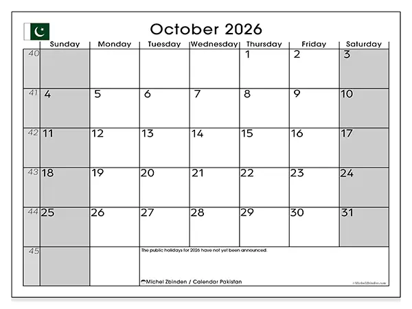 Printable October 2026 calendar - Pakistan