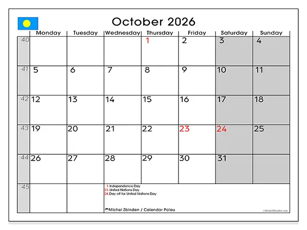 Printable October 2026 calendar - Palau
