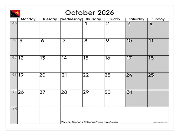 Printable October 2026 calendar - Papua New Guinea