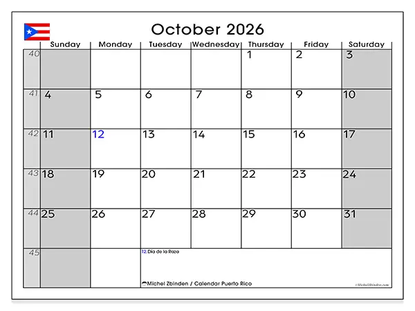 Printable October 2026 calendar - Puerto Rico