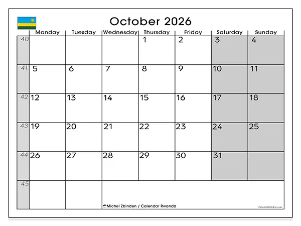 Printable October 2026 calendar - Rwanda