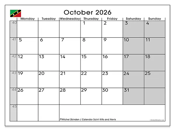 Printable October 2026 calendar - Saint Kitts and Nevis