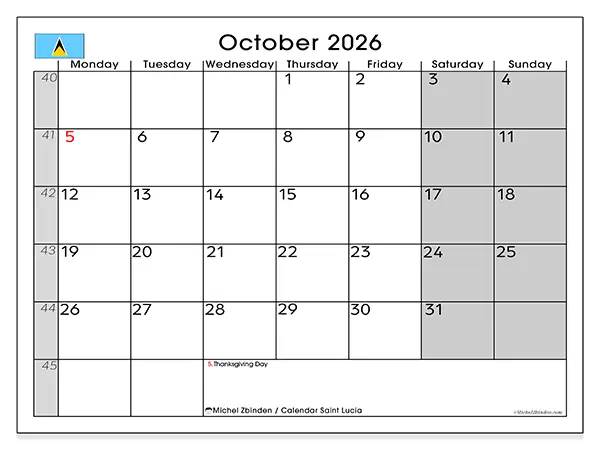 Printable October 2026 calendar - Saint Lucia