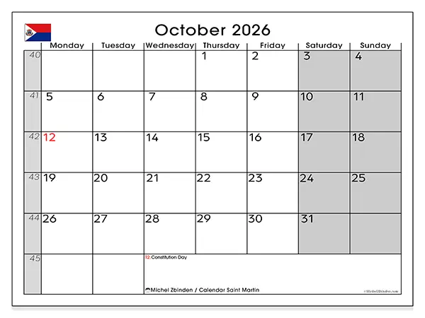 Printable October 2026 calendar - Saint Martin