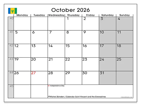 Printable October 2026 calendar - Saint Vincent and the Grenadines