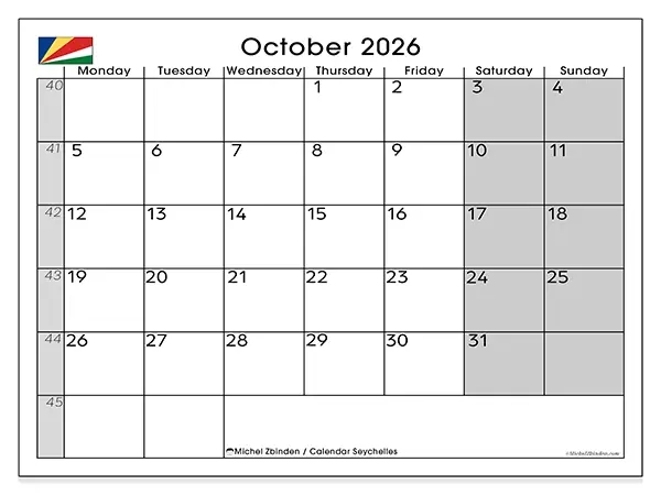 Printable October 2026 calendar - Seychelles