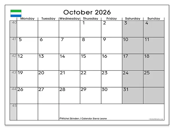 Printable October 2026 calendar - Sierra Leone