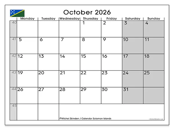 Printable October 2026 calendar - Solomon Islands